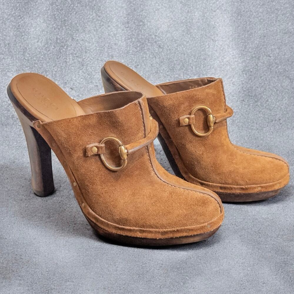 Y2K Gucci Brown Suede Horsebit Platform Mule Clogs Heels Size 6.5 Made in Italy